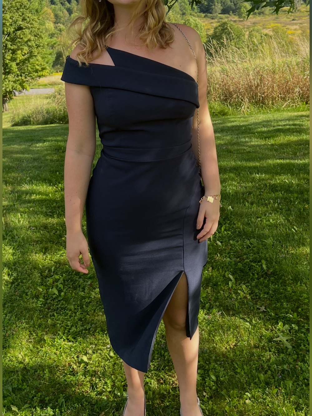 XScape Formal One-Shoulder Navy Sheath Dress